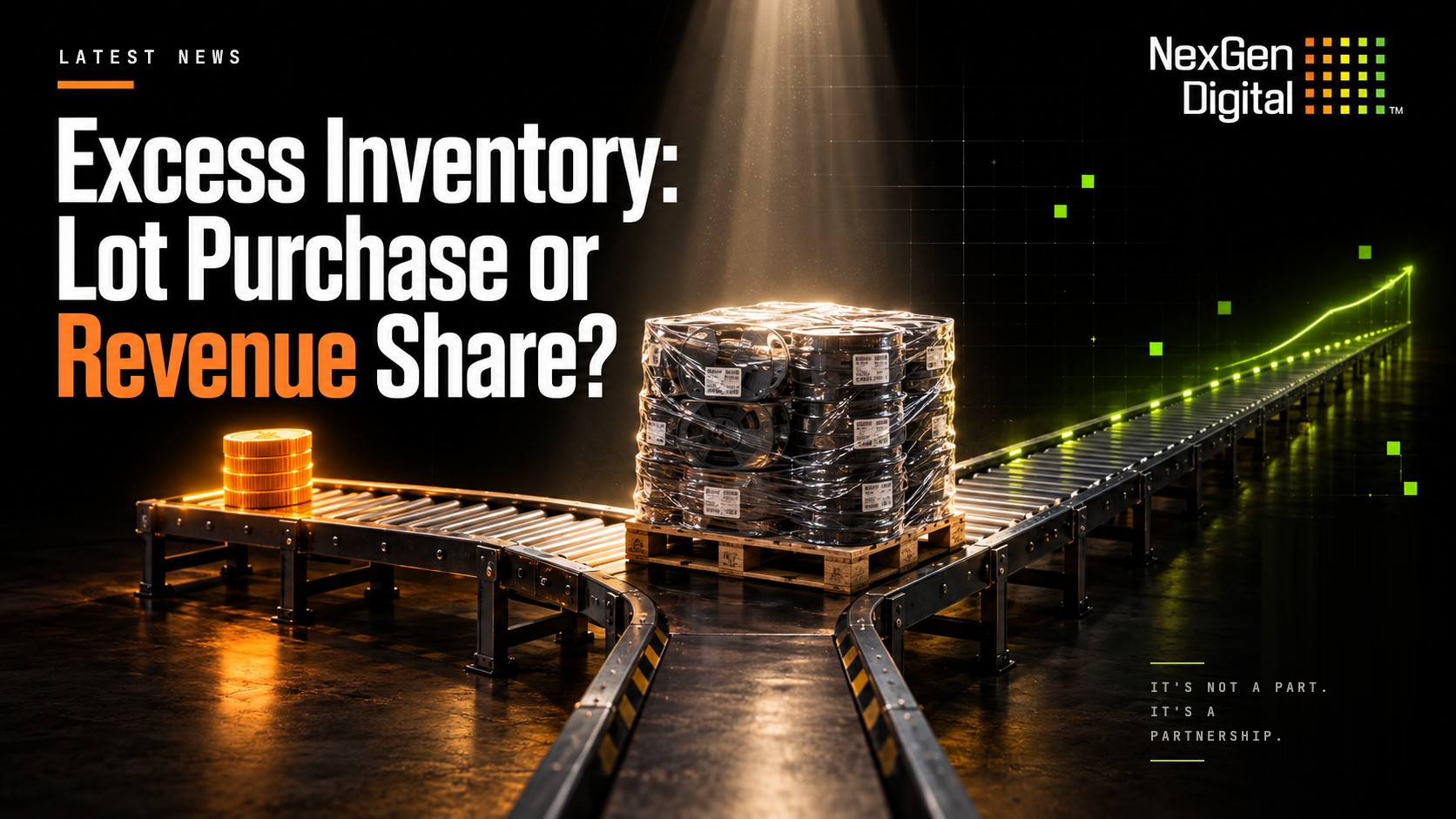 Excess inventory, lot purchase or revenue share: a pallet of component reels at a fork in a conveyor. NexCess by NexGen Digital, Inc.