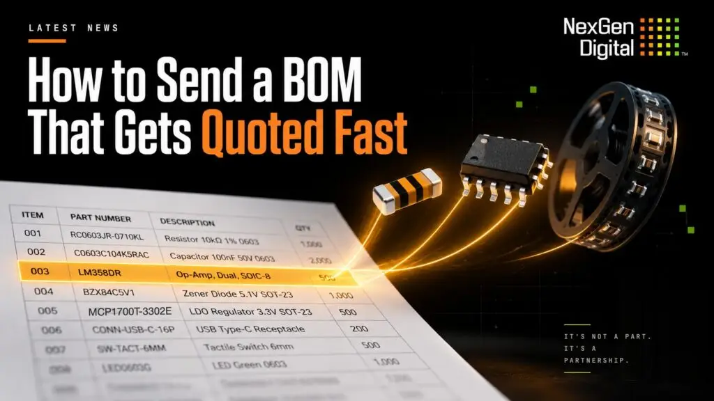 How to send a BOM that gets quoted fast: a spreadsheet row lifting off the page and becoming real components. NexGen Digital, Inc.