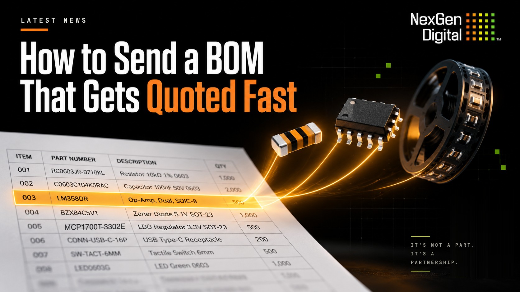 How to send a BOM that gets quoted fast: a spreadsheet row lifting off the page and becoming real components. NexGen Digital, Inc.