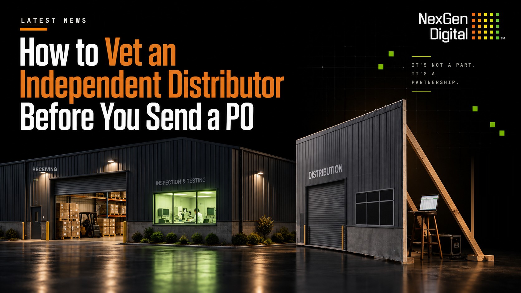 How to vet an independent distributor: a real warehouse with a lit inspection lab beside a propped-up facade with a laptop behind it. NexGen Digital, Inc.
