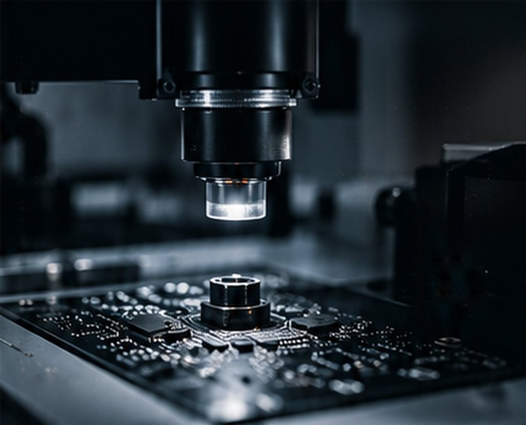 Inspection lens over a circuit board in a test lab