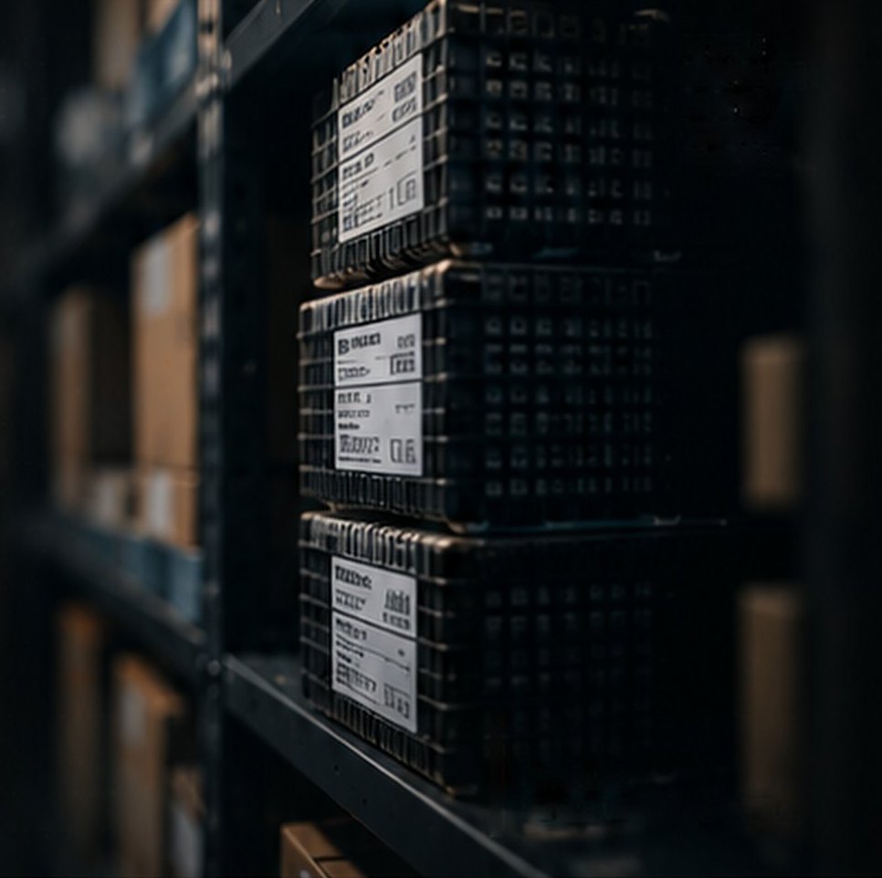 Excess inventory of electronic components in labelled crates on warehouse shelving