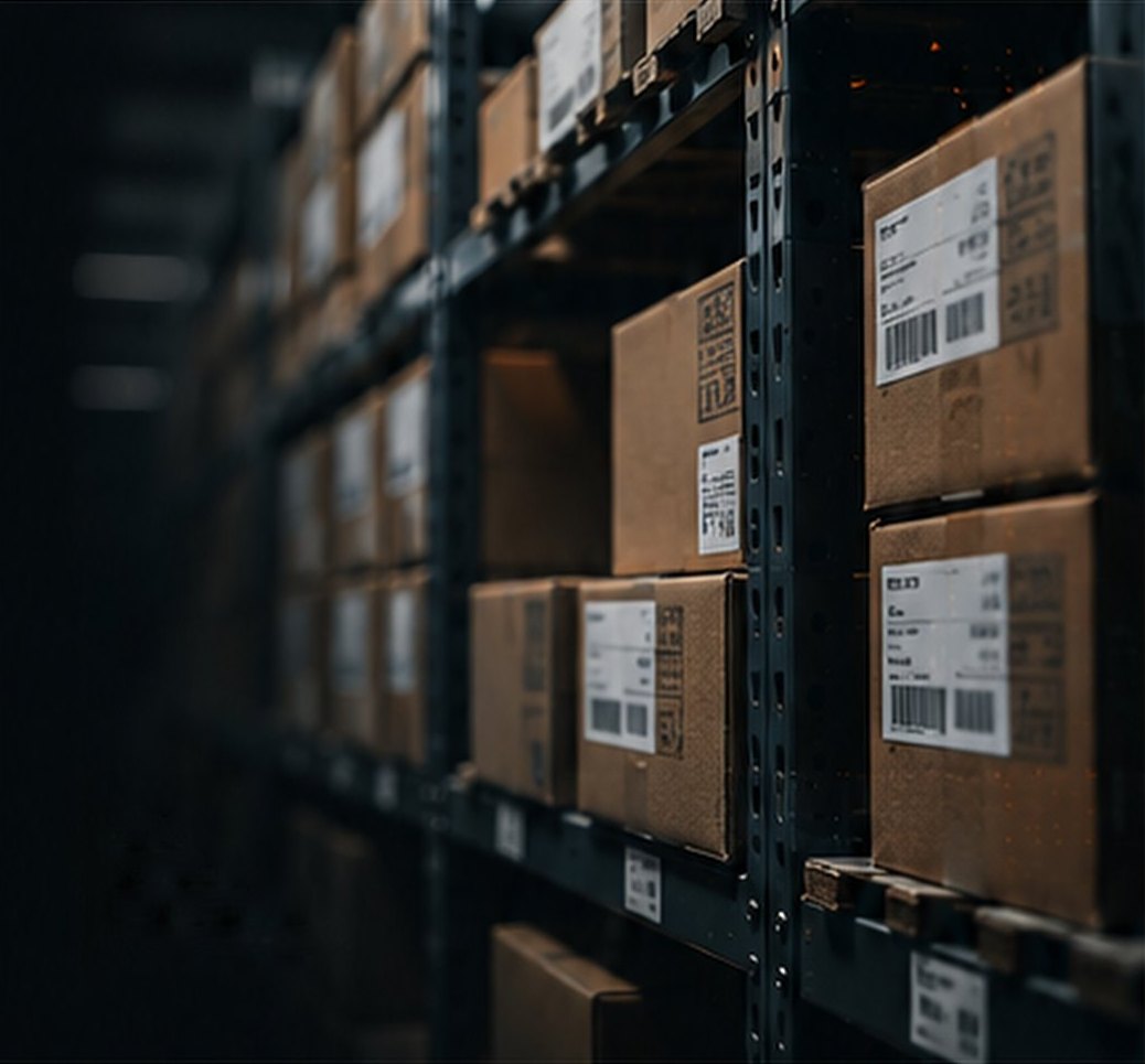 Boxed electronic components on warehouse racking